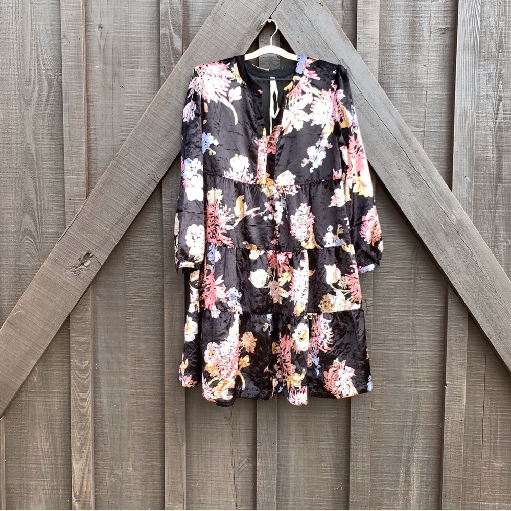 Uncle Frank Black Floral‎ Tiered Babydoll Dress Boho Flowy Long Sleeve XS NWOT